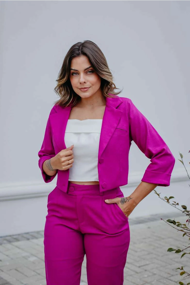 Blazer Curto De Linho - Fucsia