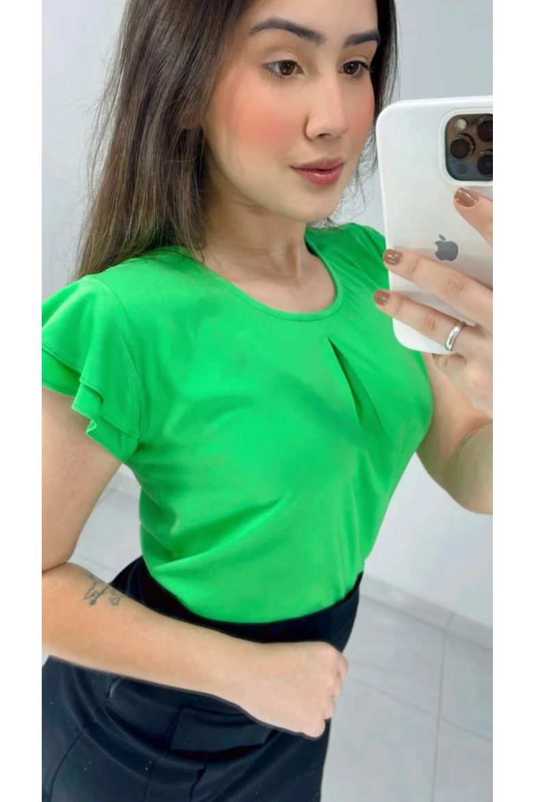 Blusa De Viscose Manga Curta Com Babados - Verde