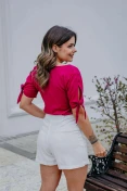 Blusa Viscose Manga Com Fenda Decote V - Rosa