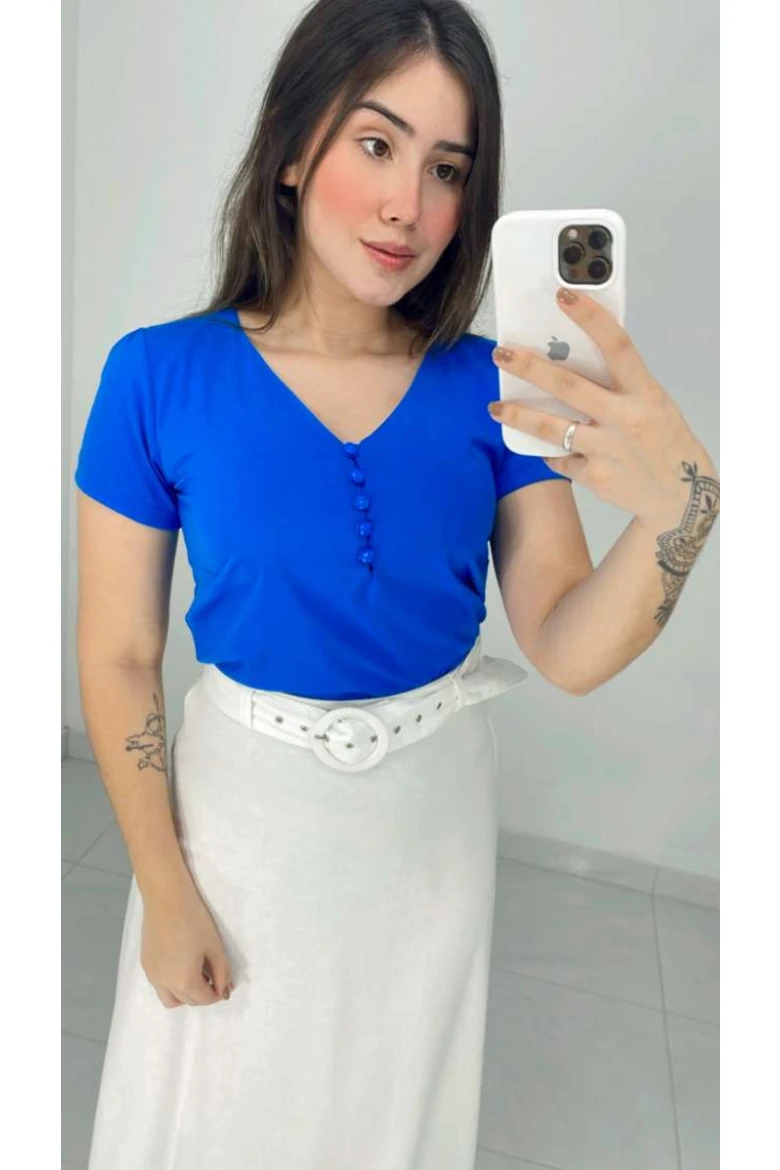 Blusa Viscose Manga Curta Decote V Com Botões - Azul pacifico