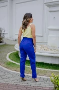 Calça Reta De Linho Com Cinto Forrado - Azul bic