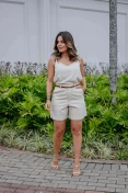 Shorts De Linho C/ Cinto Couro Sintetico - Natural