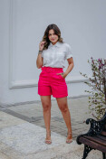 Shorts De Linho Cinto Fivela Redonda - Rosa melancia