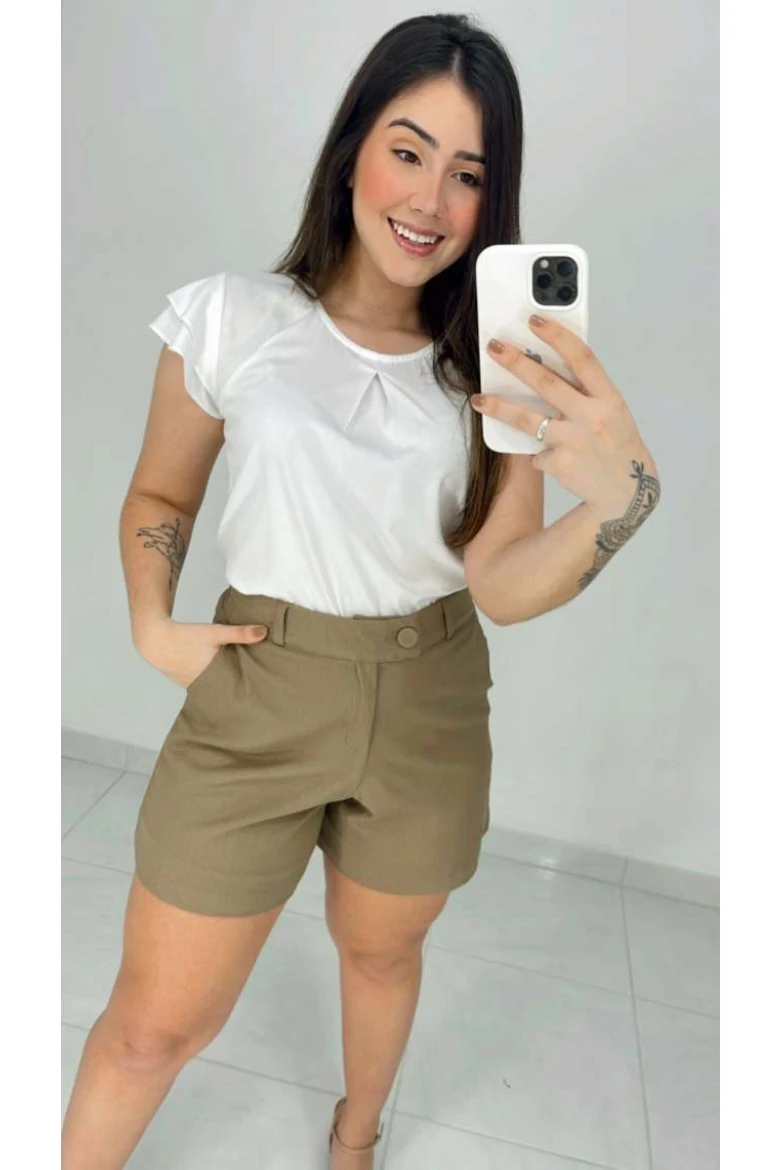 Shorts De Linho Com Elástico - Caqui