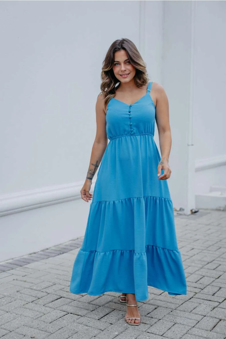 Vestido De Alça Duna Com Botões - Azul