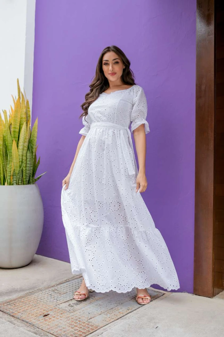 Vestido Longo Manga Curta Laise - Branco