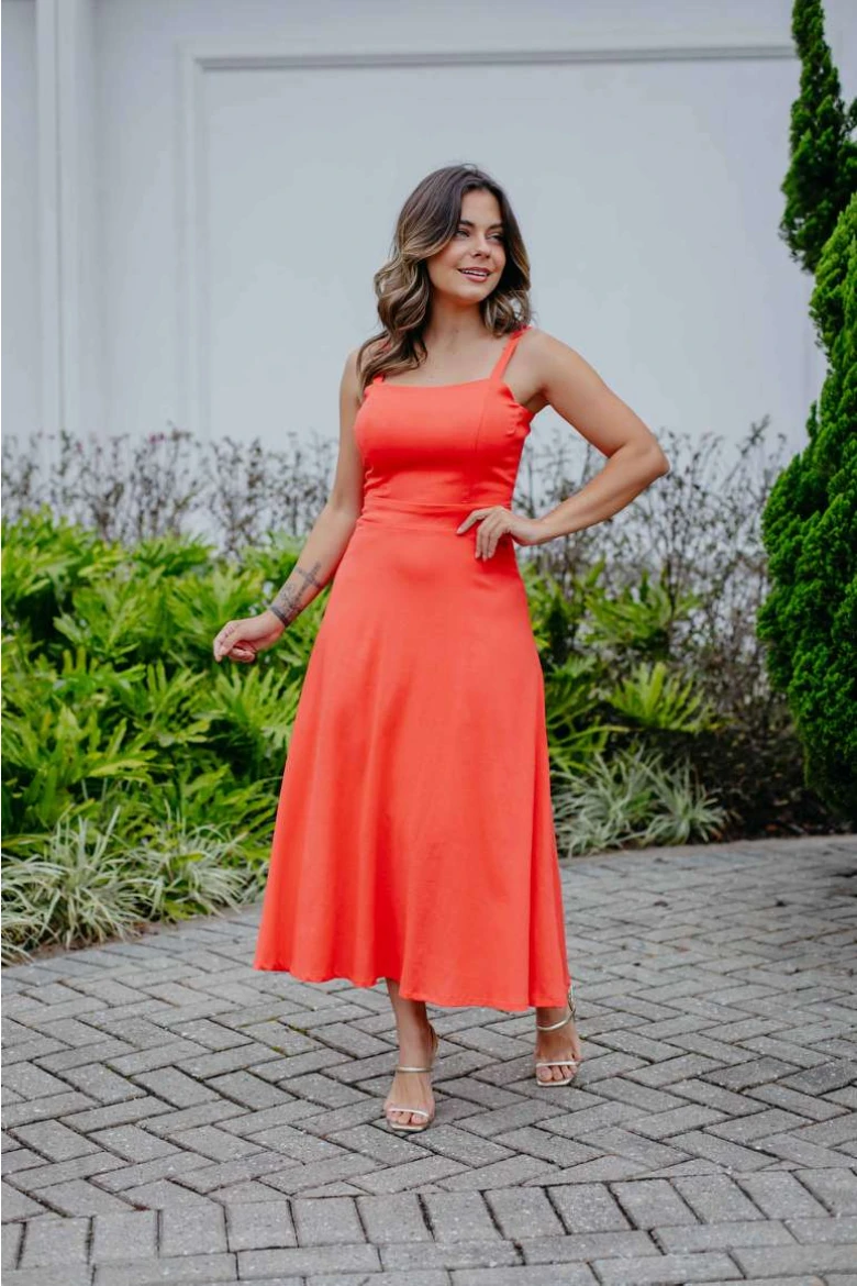 Vestido Midi Evasê De Linho - Coral