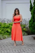 Vestido Midi Evasê De Linho - Coral